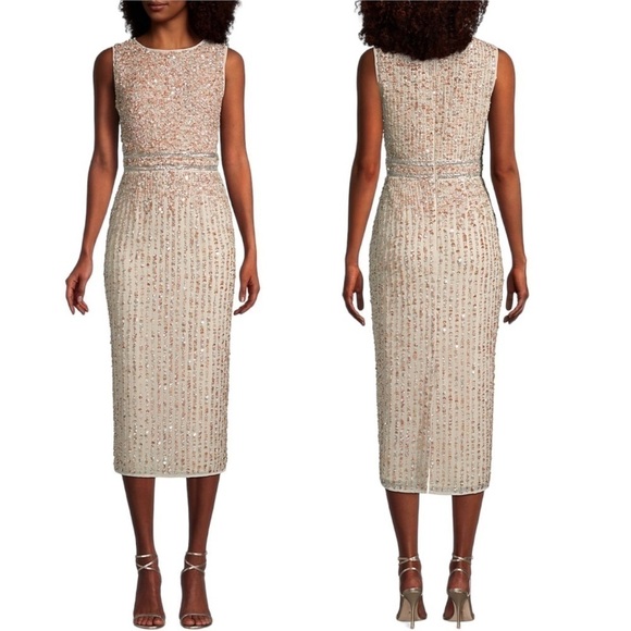NWT Mac Duggal Size 6 Sequin Embroidered Sheath Midi Dress Nude - Picture 1 of 8